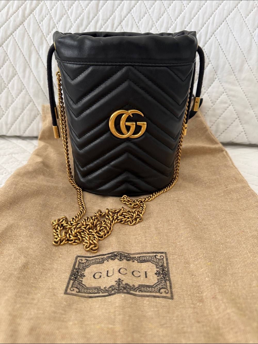 Gucci Black Quilted Leather Mini Bucket Bag with Gold GG